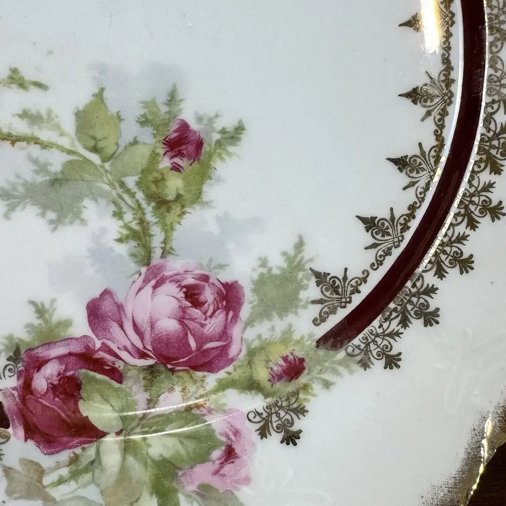 Antique Victorian Handled Cake Plate Pink Roses Gold Encrusted Gilt Burgundy